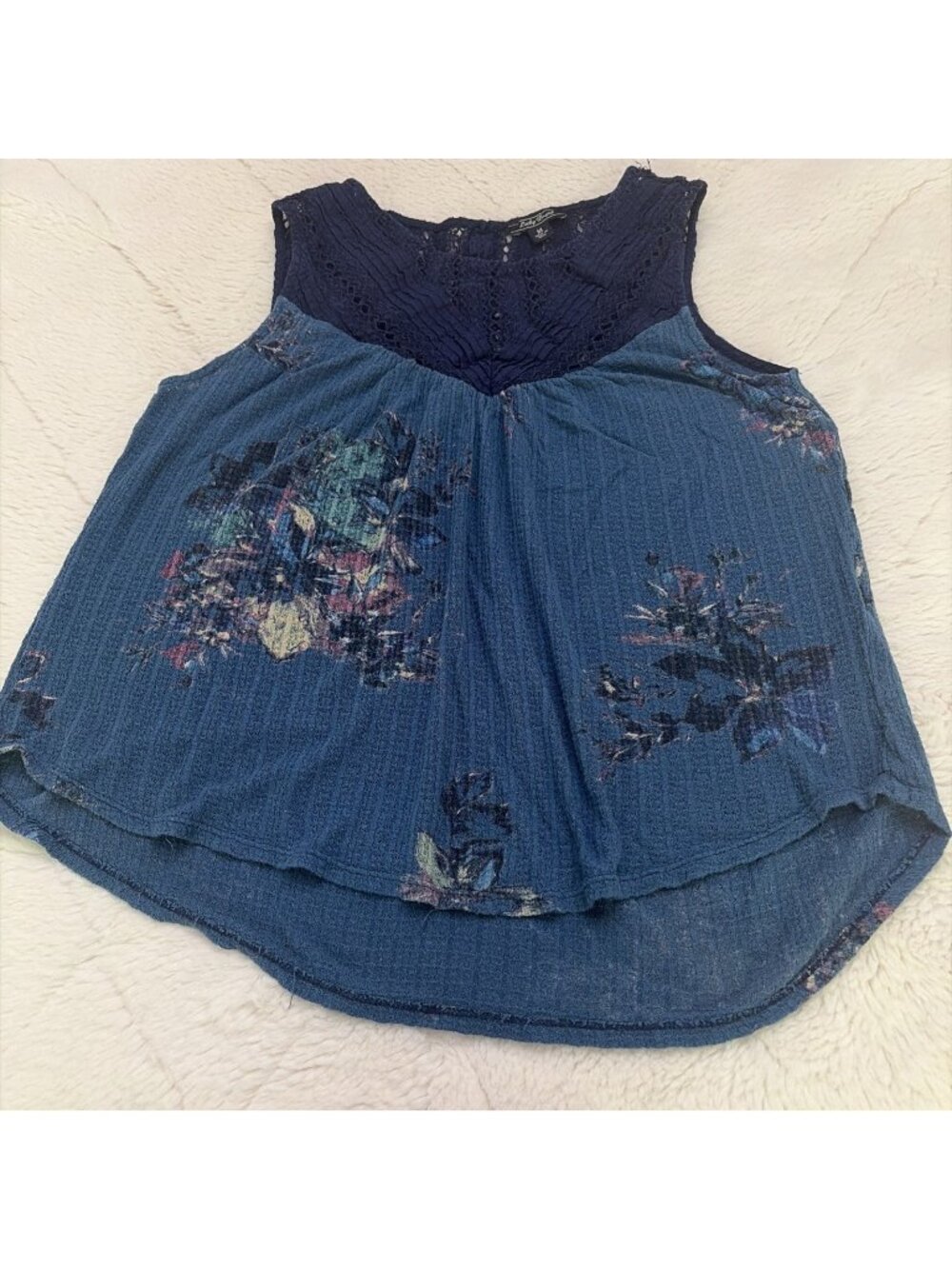 Lucky Brand Womens M Blue Floral Boho Top Crochet Accent